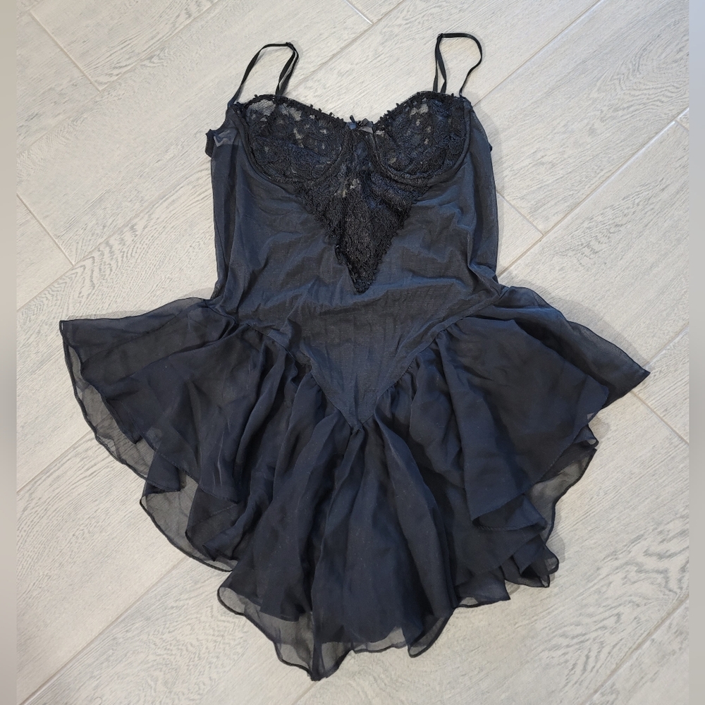 Dreamy Vintage Alexandra Nicole Black Liquid  BABYDOLL Slip GOWN Chiffon Large
